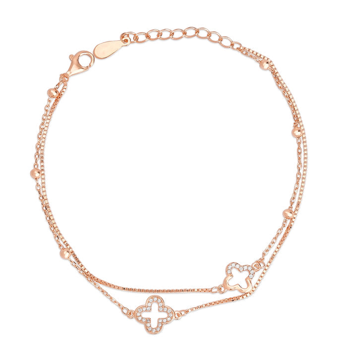 Rose gold plated 925 Sterling Silver bracelet for women with double chains and clover charms – Zavya