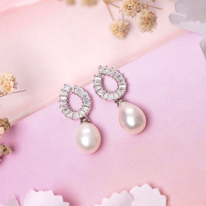 Cherished Pearls CZ & Pearl Rhodium Plated 925 Sterling Silver Earrings