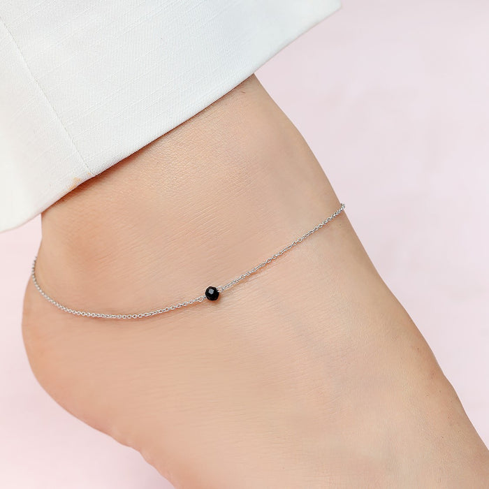 Chic Black Bead Rhodium Plated 925 Sterling Silver Adjustable Link Chain Anklet