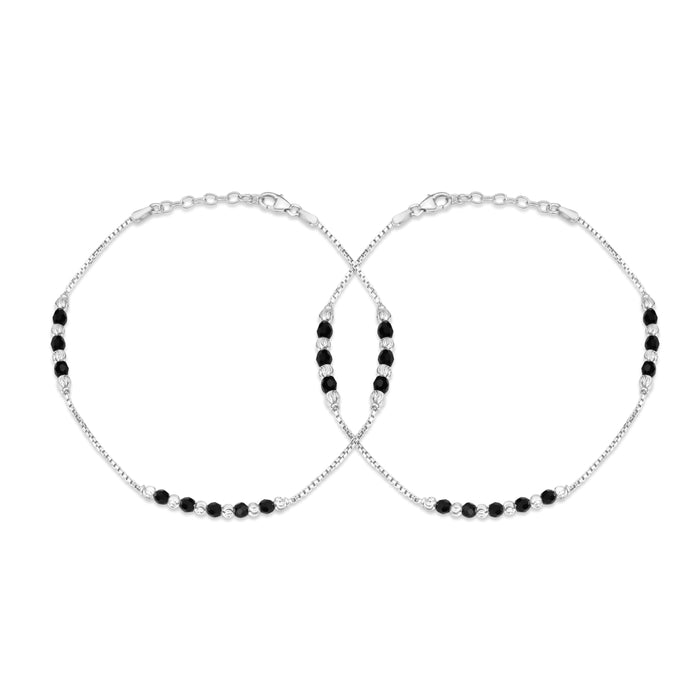 Chic Black Beaded Rhodium Plated 925 Silver Box Chain Anklet