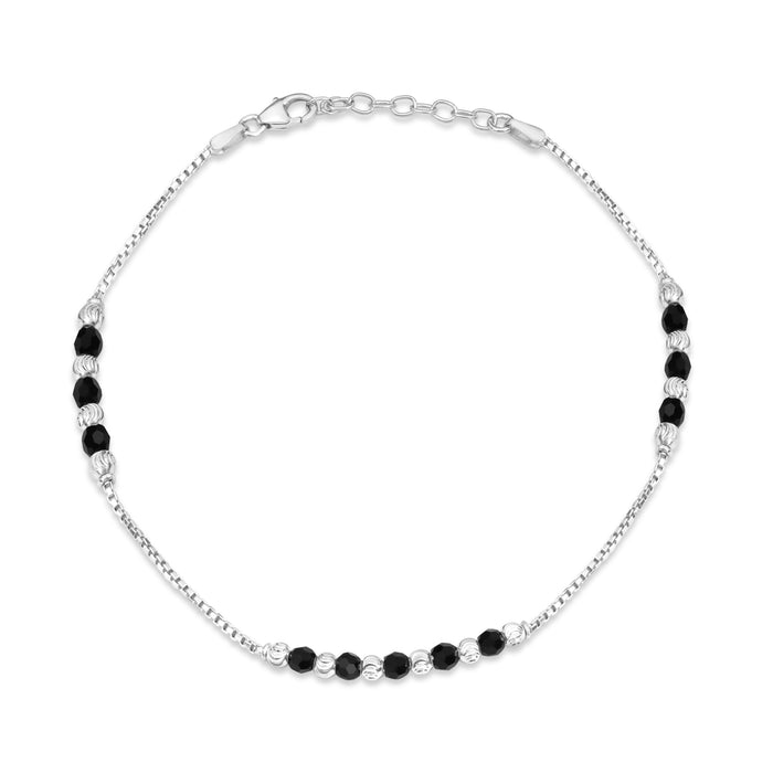 Chic Black Beaded Rhodium Plated 925 Silver Box Chain Anklet