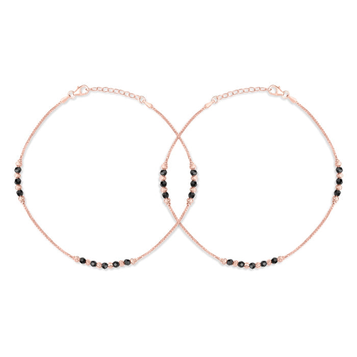 Chic Black Beaded Rhodium Plated 925 Silver Box Chain Anklet