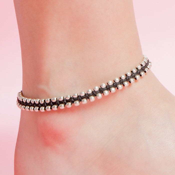Classic Beaded Rhodium Plated 925 Sterling Silver Thread Anklet