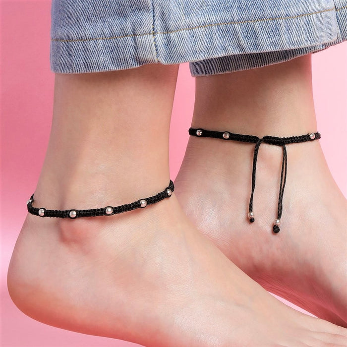 Classic Beaded Rhodium Plated 925 Sterling Silver Thread Anklet
