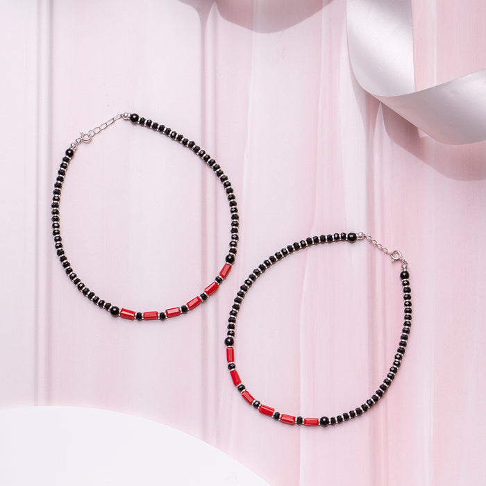 Classic Black & Red Beaded Rhodium Plated 925 Silver Anklet
