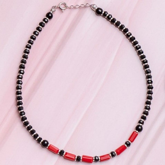 Classic Black & Red Beaded Rhodium Plated 925 Silver Anklet