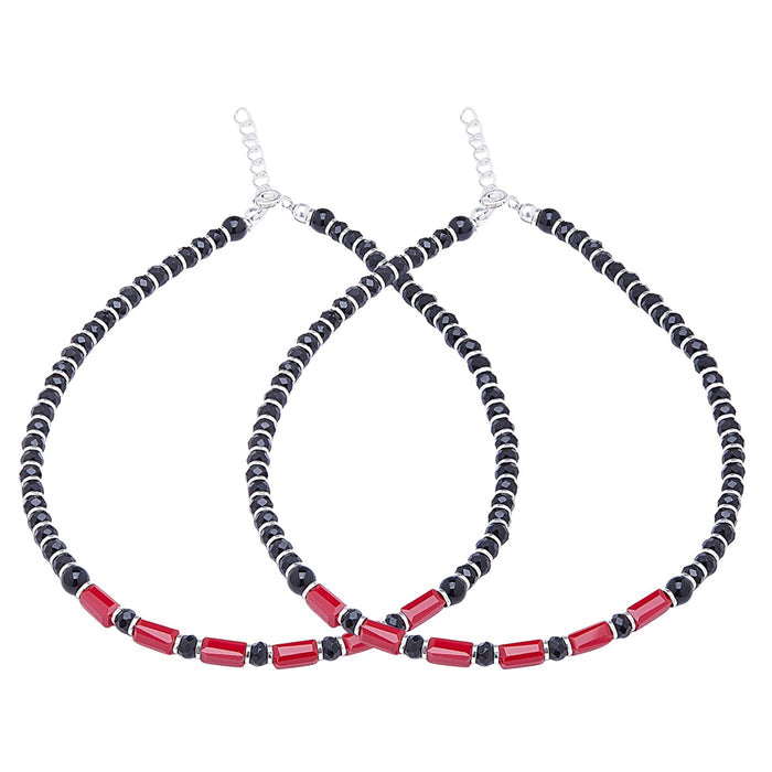 Classic Black & Red Beaded Rhodium Plated 925 Silver Anklet