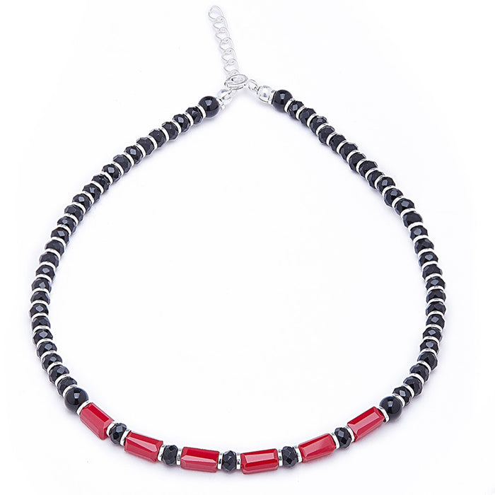 Classic Black & Red Beaded Rhodium Plated 925 Silver Anklet