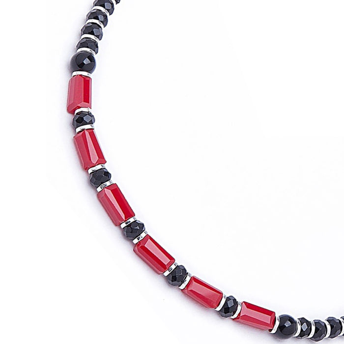 Classic Black & Red Beaded Rhodium Plated 925 Silver Anklet