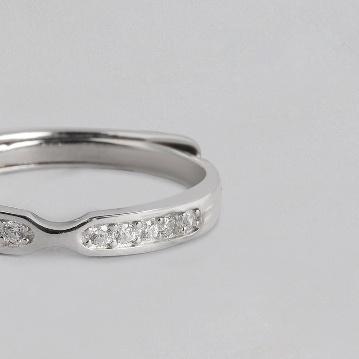 Classic CZ Studded 925 Sterling Silver Rhodium Plated Ring For Him (Adjustable)