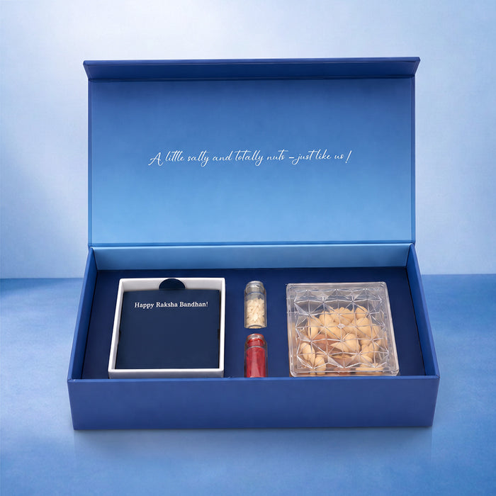 Classic Evil Eye Beaded Silver Thread Rakhi Dry Fruits Gift Hamper