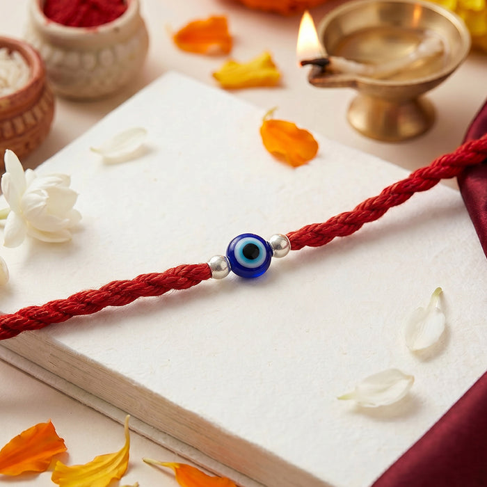 Classic Evil Eye Beaded Silver Thread Rakhi (Zavya Signature)