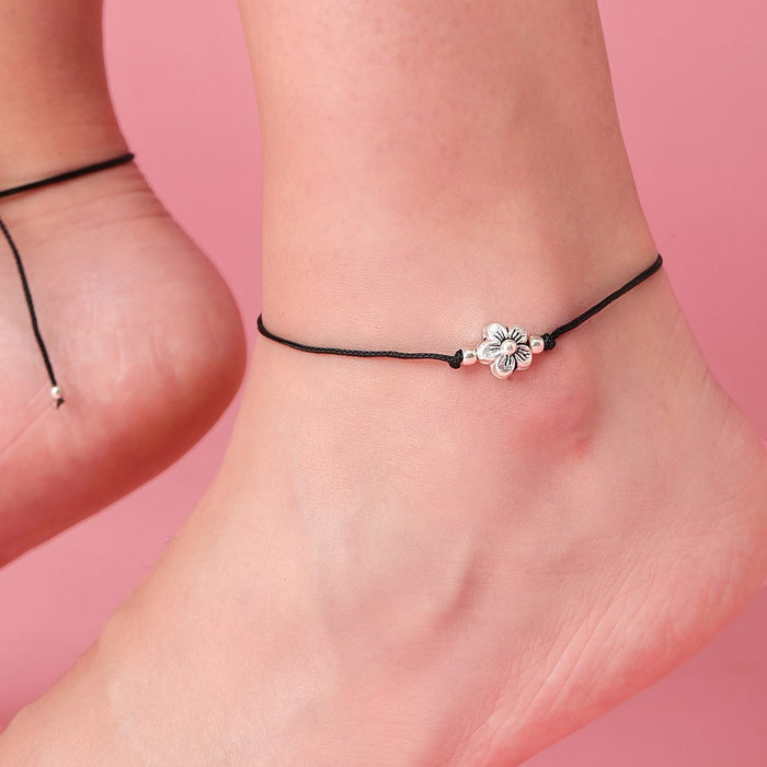 Classic Floral Rhodium Plated 925 Sterling Silver Thread Anklet