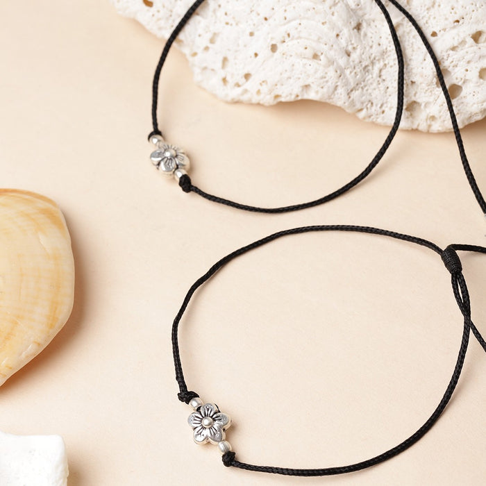 Classic Floral Rhodium Plated 925 Sterling Silver Thread Anklet