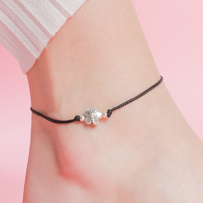 Classic Floral Rhodium Plated 925 Sterling Silver Thread Anklet