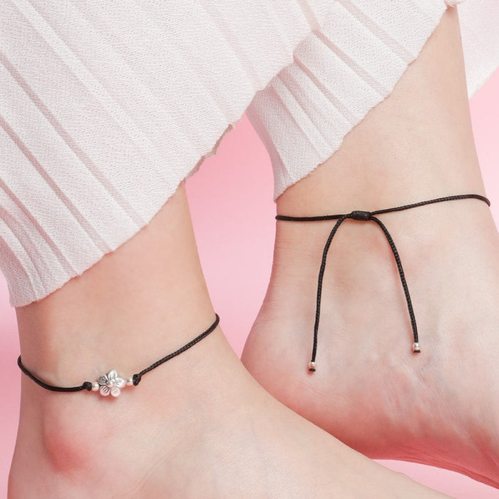Classic Floral Rhodium Plated 925 Sterling Silver Thread Anklet