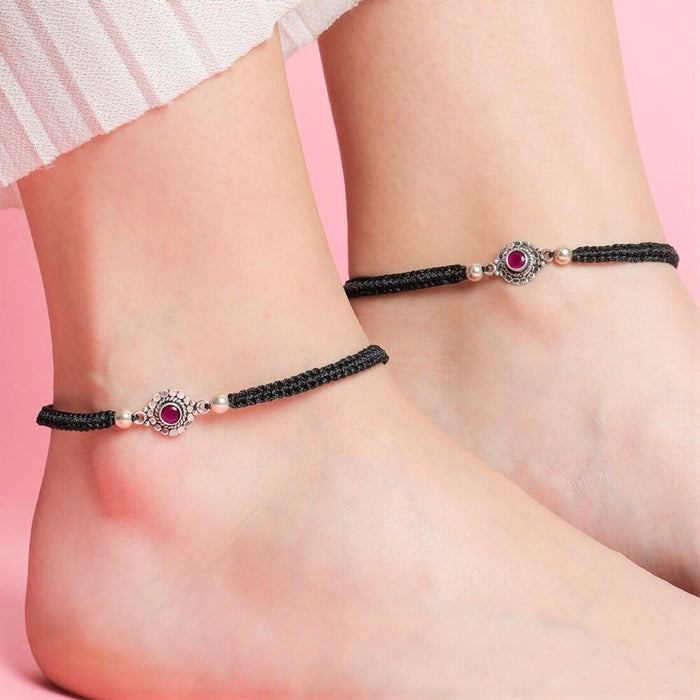 Classic Oxidized Red Stone 925 Sterling Silver Anklet