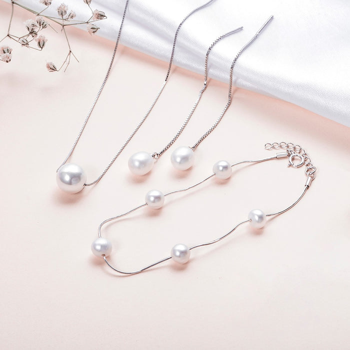 Classic Pearl Rhodium Plated 925 Sterling Silver Jewellery Set