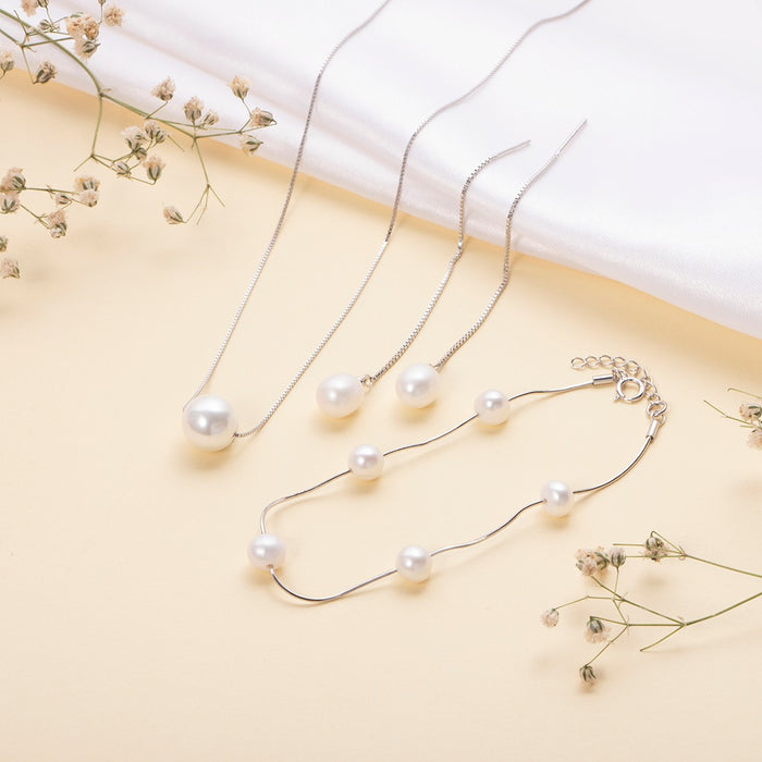 Classic Pearl Rhodium Plated 925 Sterling Silver Jewellery Set