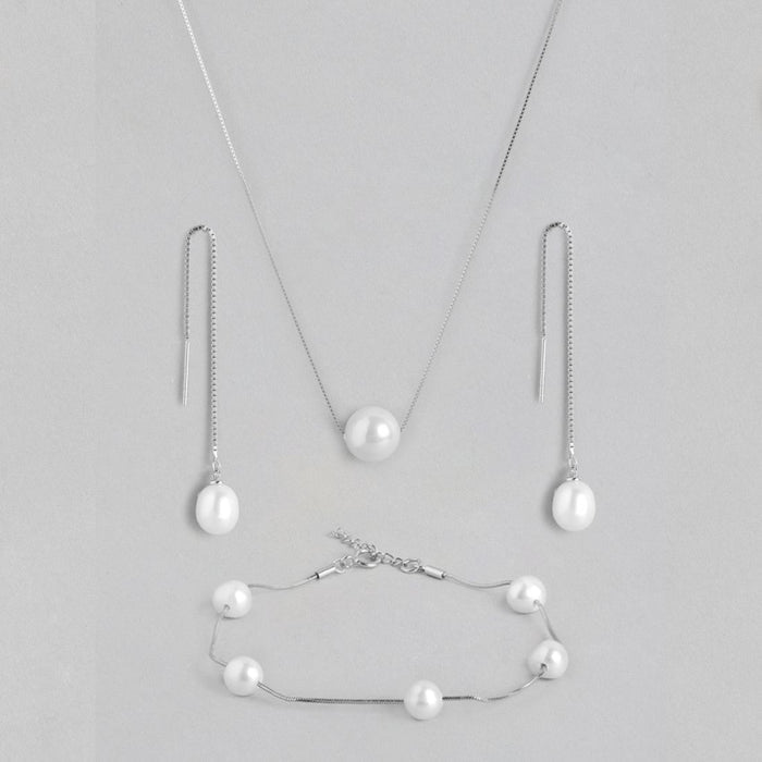 Classic Pearl Rhodium Plated 925 Sterling Silver Jewellery Set