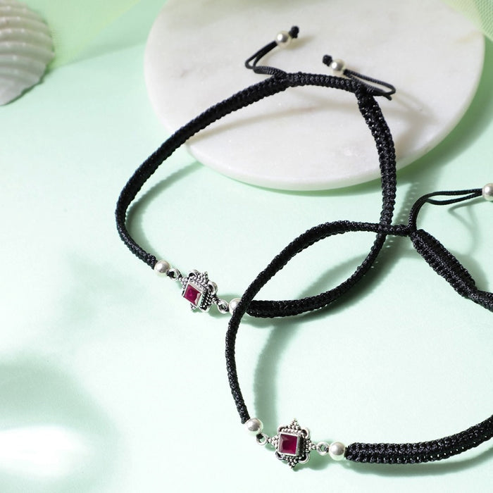 Classic Red Stone Rhodium Plated Sterling Silver Drawstring Anklet