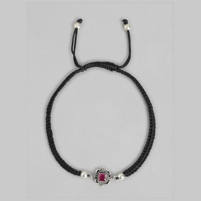 Classic Red Stone Rhodium Plated Sterling Silver Drawstring Anklet