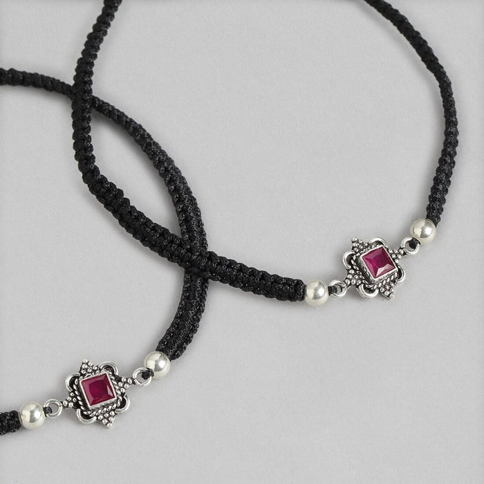 Classic Red Stone Rhodium Plated Sterling Silver Drawstring Anklet
