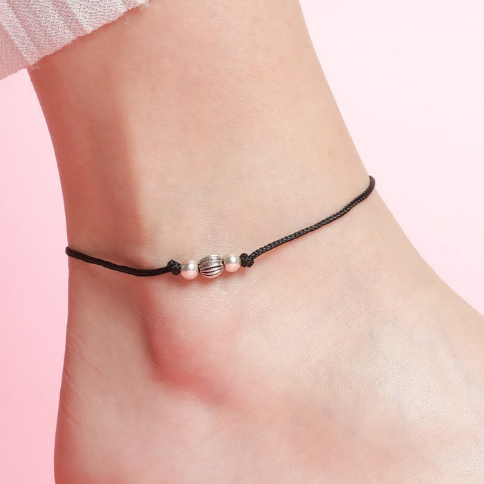 Classic Rhodium Plated Beaded 925 Sterling Sterling Thread Anklet