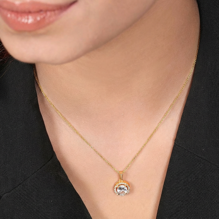 Classic Solitaire Gold Plated 925 Sterling Silver Pendant with Link Chain