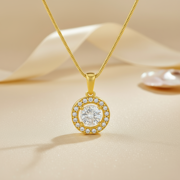 Classic Solitaire Gold Plated 925 Sterling Silver Pendant with Snake Chain