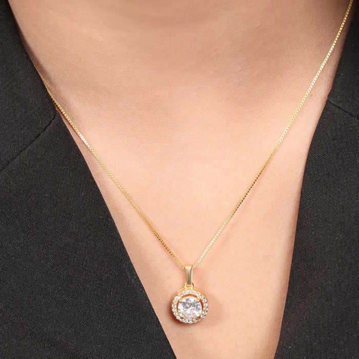 Classic Solitaire Golden Plated 925 Sterling Silver Pendant with Box Chain Gift Hamper