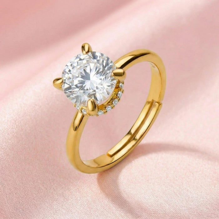 Classic Solitaire Halo Gold Plated 925 Silver Women Ring (Adjustable)