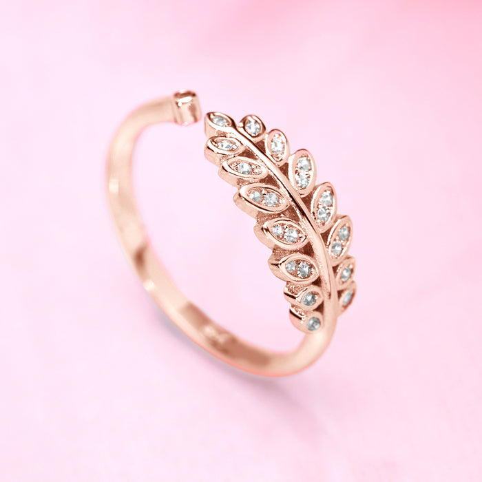 Classy Branch Leaf CZ Studded Rose Gold 925 Silver Womens Ring (Adjustable)