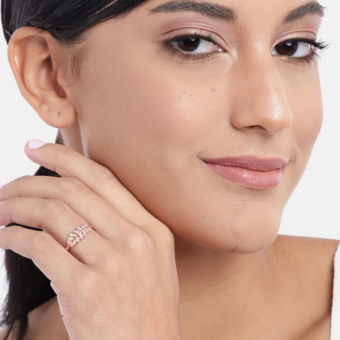 Classy Branch Leaf CZ Studded Rose Gold 925 Silver Womens Ring (Adjustable)