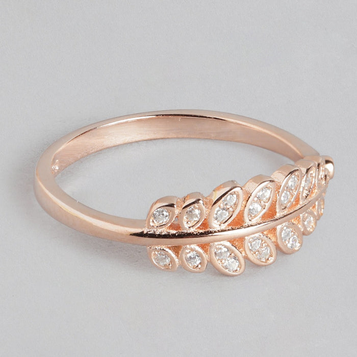 Classy Branch Leaf CZ Studded Rose Gold 925 Silver Womens Ring (Adjustable)