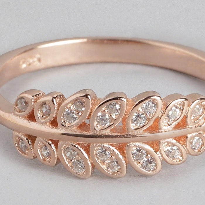 Classy Branch Leaf CZ Studded Rose Gold 925 Silver Womens Ring (Adjustable)