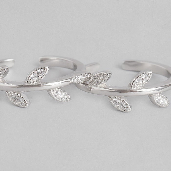 Classy CZ Leaf Rhodium Plated 925 Sterling Silver Toe Rings
