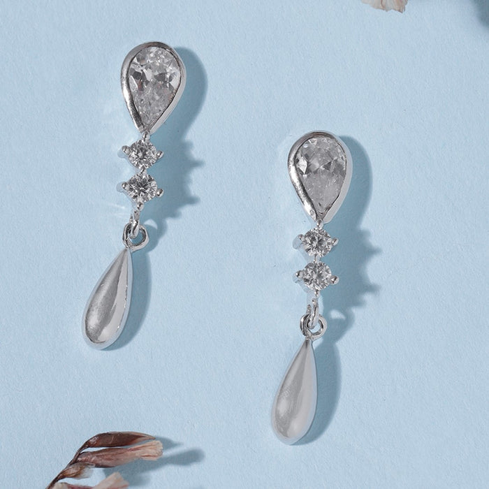 Classy Drop CZ Studded Rhodium Plated 925 Sterling Silver Studs