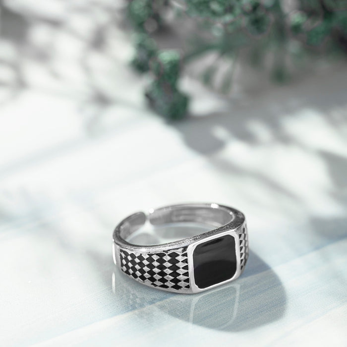 Classy 925 Sterling Silver ring for men with black square and textured band. Ideal jewellery gift for him – Zavya