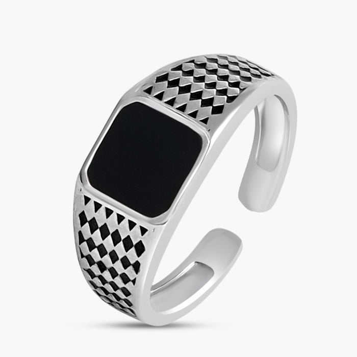 Adjustable 925 Sterling Silver men's ring with a black square and checkered band. Perfect gift for him – Zavya