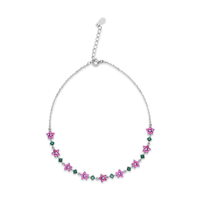Women's 925 Sterling Silver anklet with colorful pink floral stones and green gems on a chain – Zavya