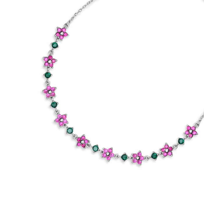 Women's 925 Sterling Silver anklet with pink flower stones and green gems. Elegant jewelry – Zavya