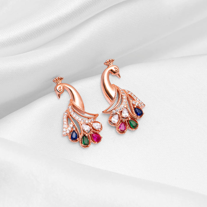 Colourful Peacock Rose Gold Plated 925 Silver Drop Earrings