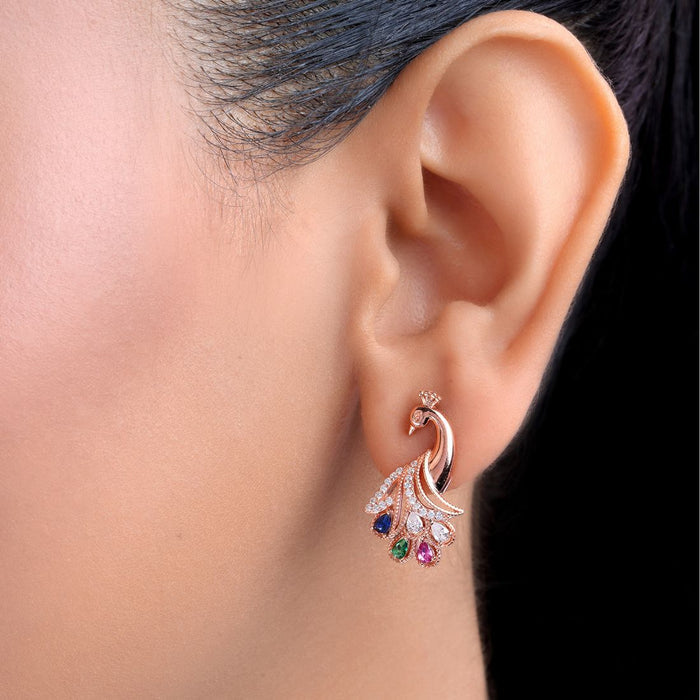 Colourful Peacock Rose Gold Plated 925 Silver Drop Earrings