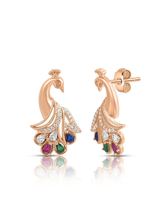 Colourful Peacock Rose Gold Plated 925 Silver Drop Earrings