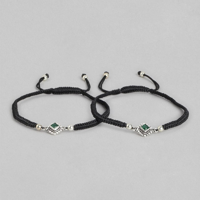 Contemporary Green Stone Rhodium Plated 925 Sterling Silver Drawstring Anklet