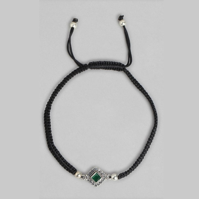 Contemporary Green Stone Rhodium Plated 925 Sterling Silver Drawstring Anklet