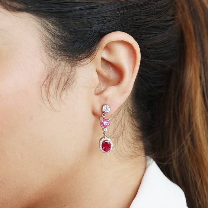 Crimson Blossom 925 Sterling Silver CZ Floral Drop Earrings