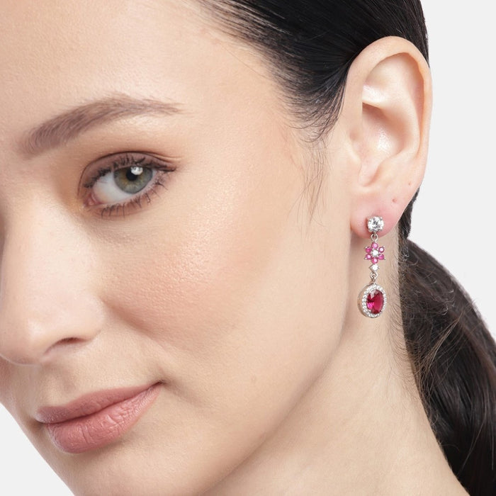 Crimson Blossom 925 Sterling Silver CZ Floral Drop Earrings