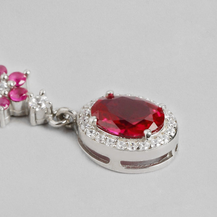 Crimson Blossom 925 Sterling Silver CZ Floral Drop Earrings